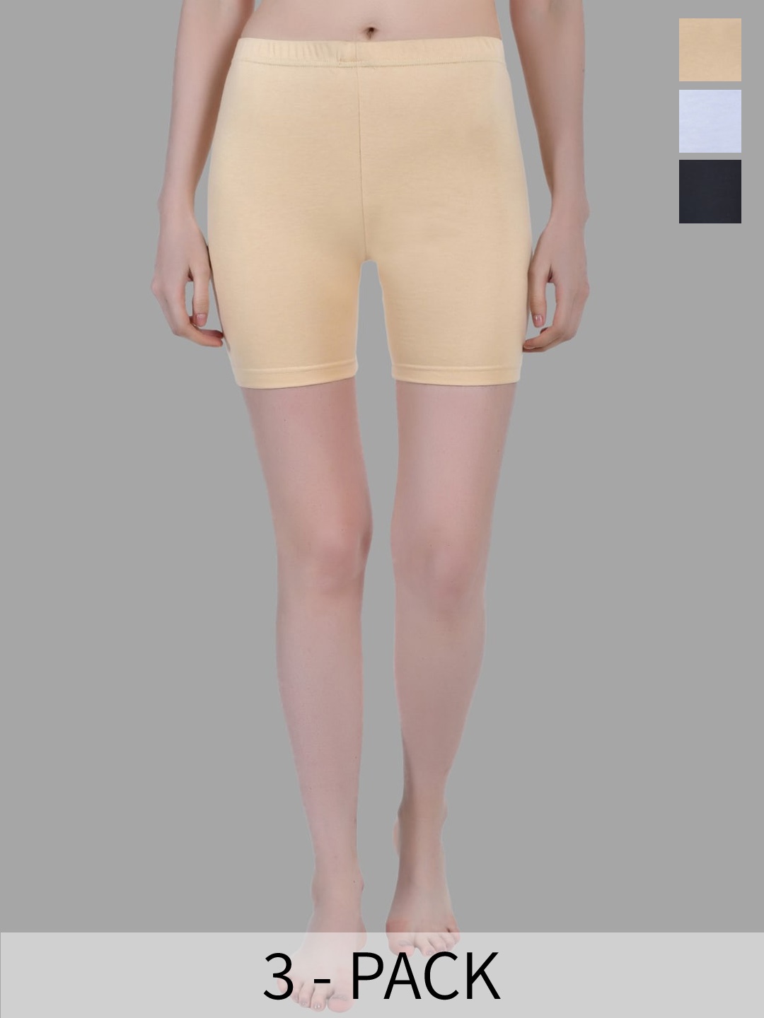 

Aimly Women Pack Of 3 Mid-Rise Skinny Fit Cycling Shorts, Beige