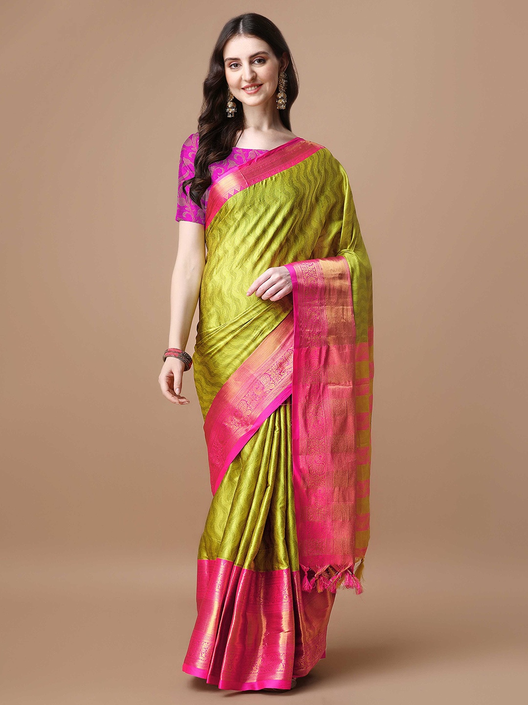 

Mitera Ethnic Motifs Woven Design Silk Cotton Saree, Olive