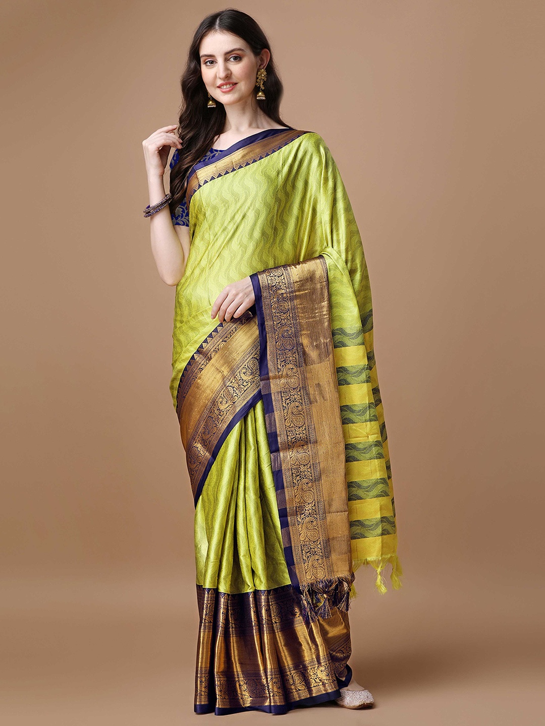 

Mitera Olive Green Ethnic Motifs Woven Design Zari Silk Cotton Saree