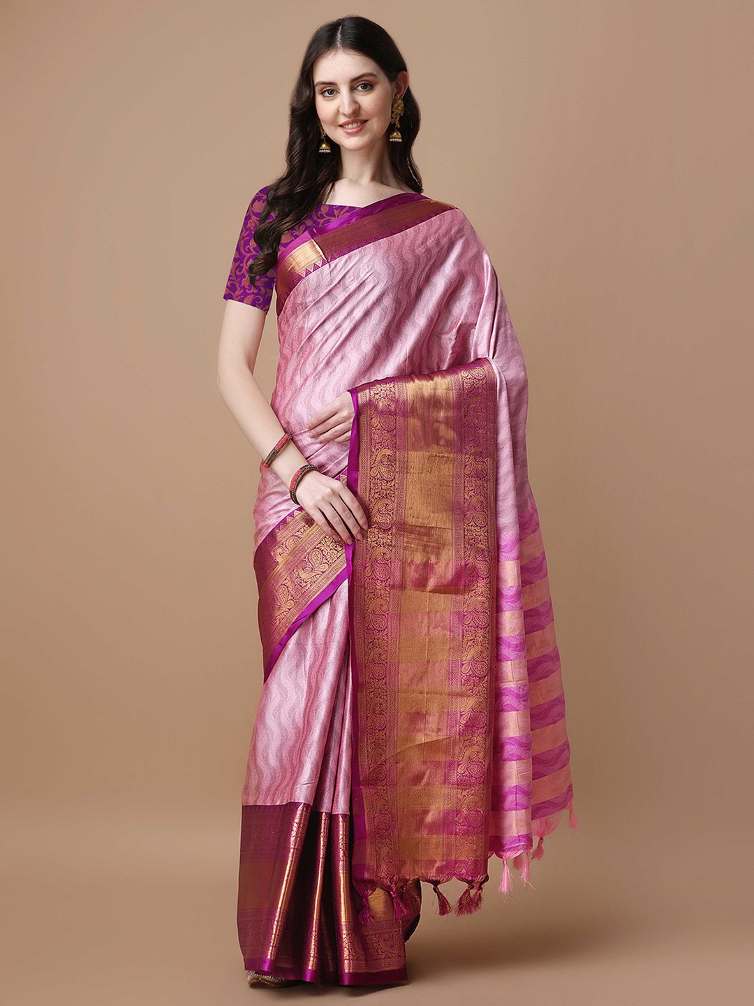 

Mitera Pink Ethnic Motifs Woven Design Zari Silk Cotton Saree