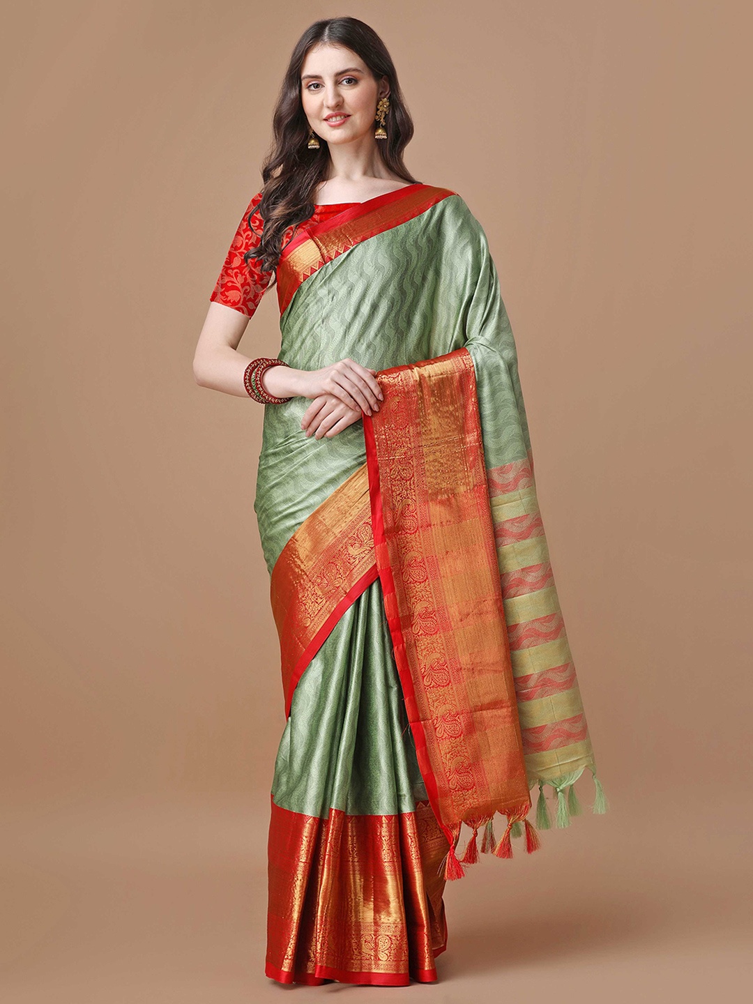 

Mitera Green Ethnic Motifs Woven Design Zari Silk Cotton Saree