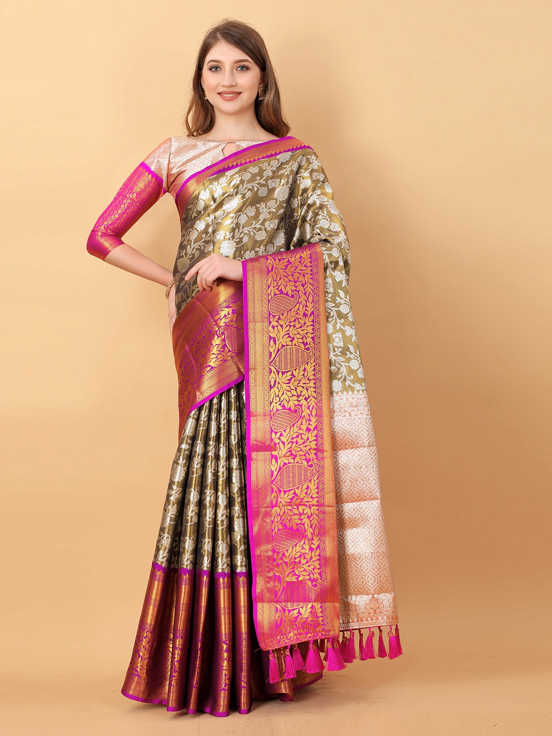 

ZIBLON Floral Woven Design Art Silk Kanjeevaram Saree, Olive