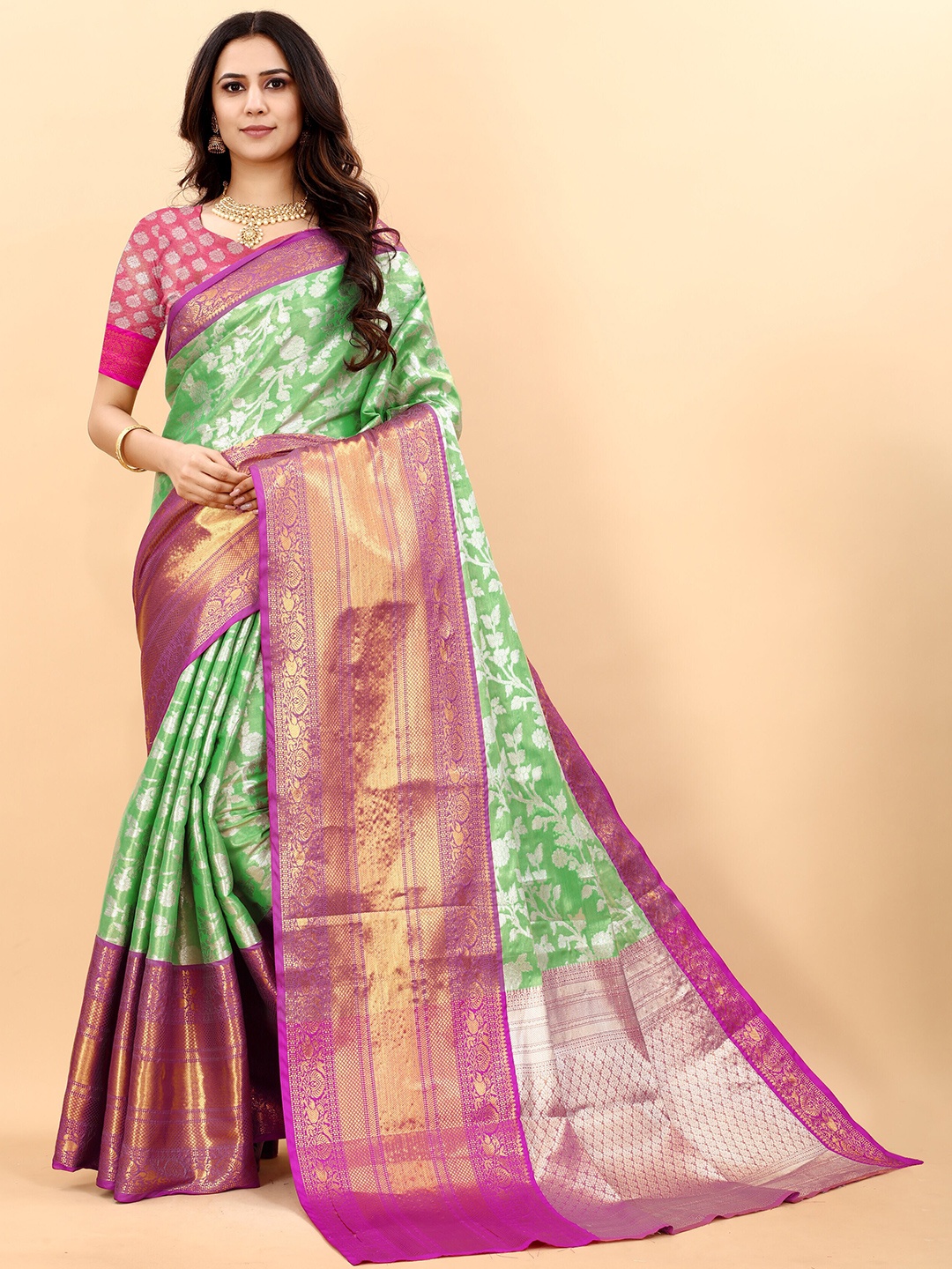 

ZIBLON Ethnic Motifs Woven Design Zari Kanjeevaram Saree, Green