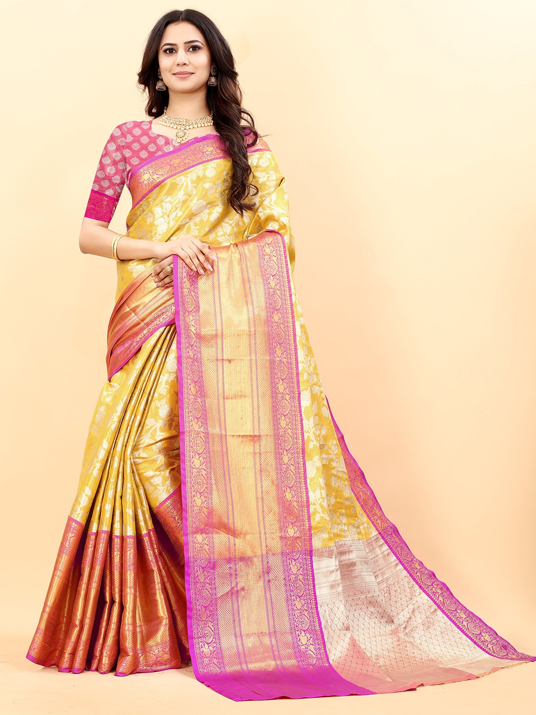 

ZIBLON Ethnic Motifs Woven Design Zari Kanjeevaram Saree, Yellow