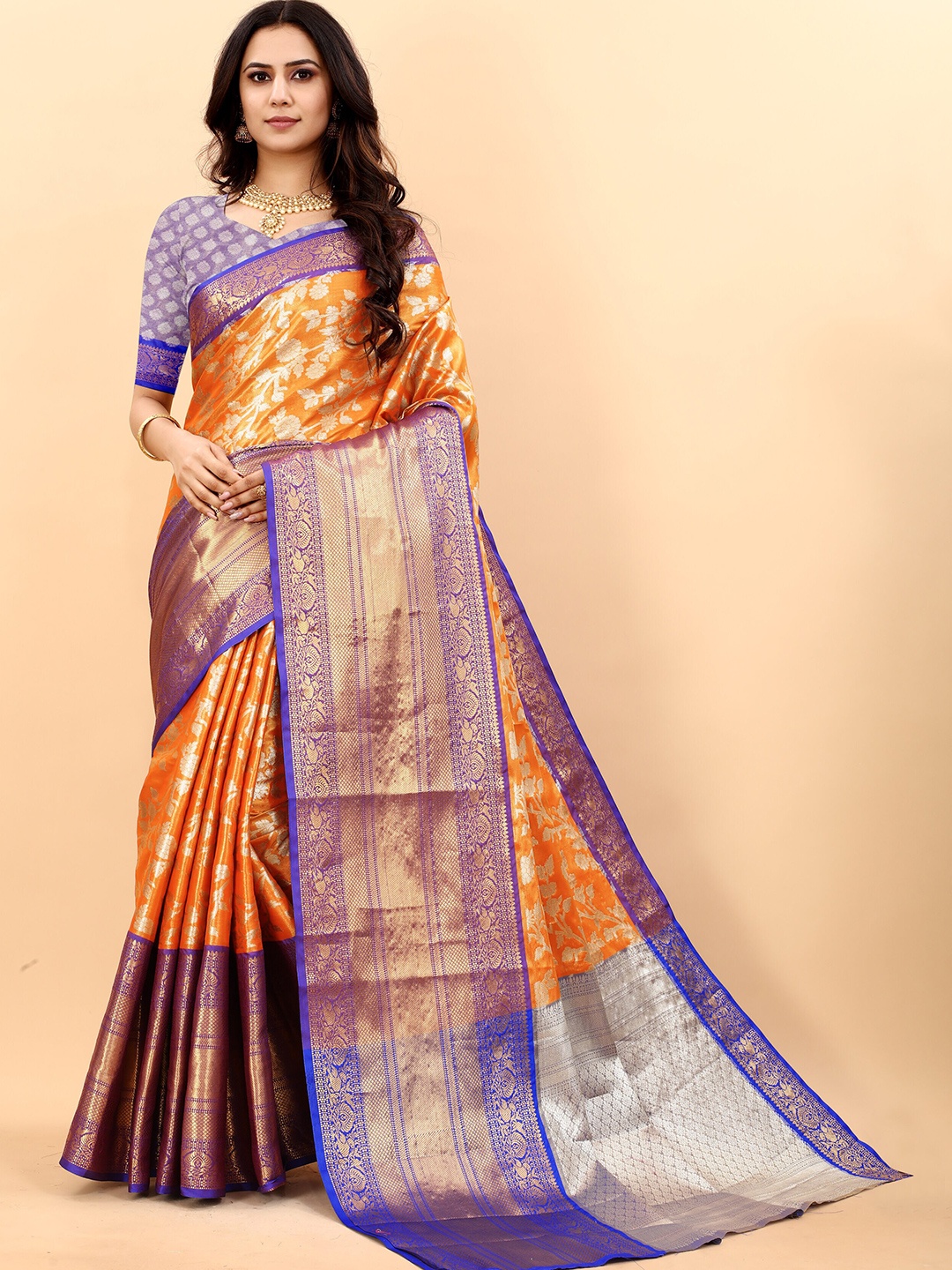 

ZIBLON Ethnic Motifs Woven Design Kanjeevaram Saree, Orange