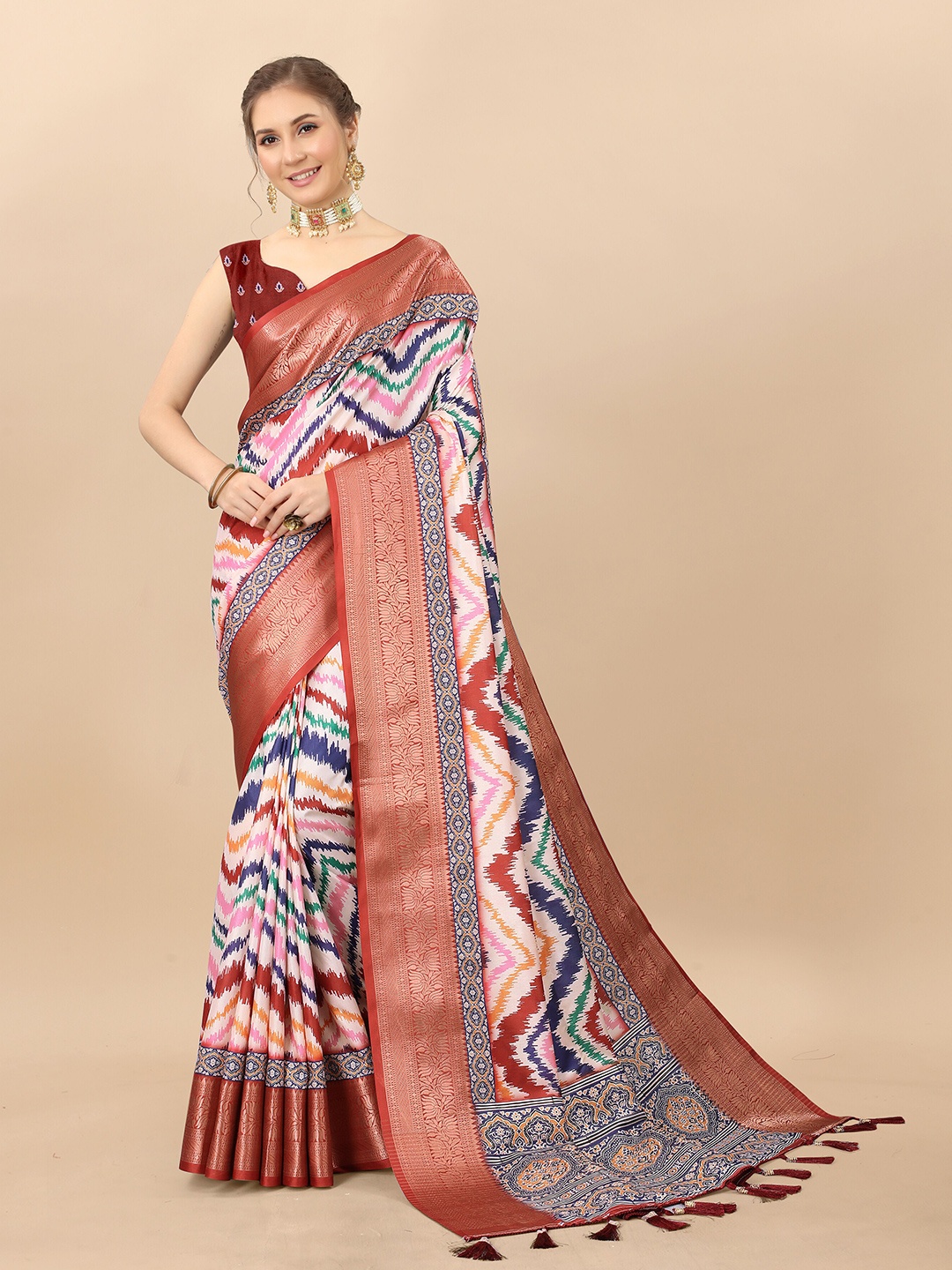 

ZIBLON Geometric Printed Art Silk Kanjeevaram Saree, Maroon