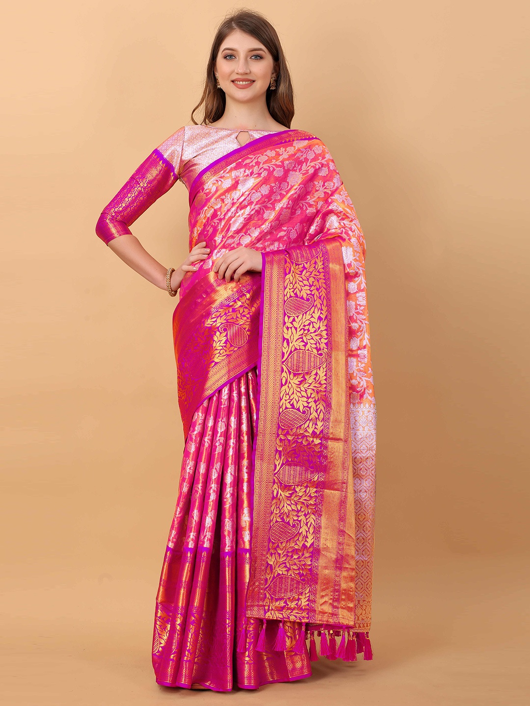 

ZIBLON Ethnic Motifs Woven Design Zari Kanjeevaram Saree, Pink