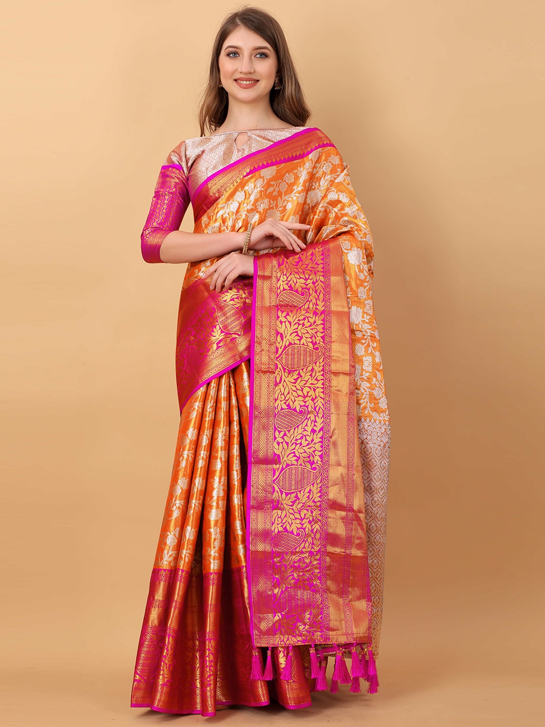 

ZIBLON Floral Woven Design Art Silk Kanjeevaram Saree, Orange