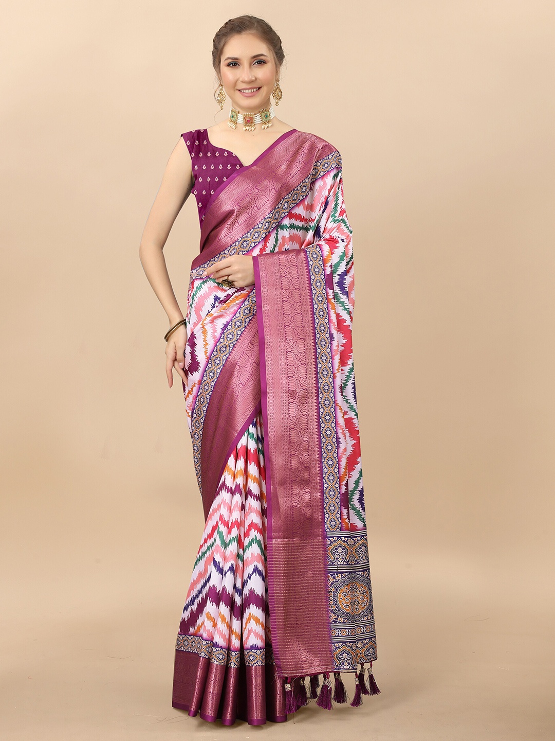 

ZIBLON Geometric Printed Art Silk Kanjeevaram Saree, Violet