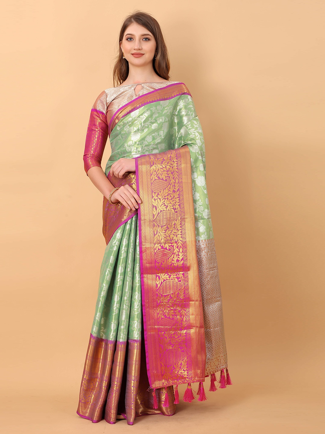 

ZIBLON Floral Woven Design Art Silk Kanjeevaram Saree, Green