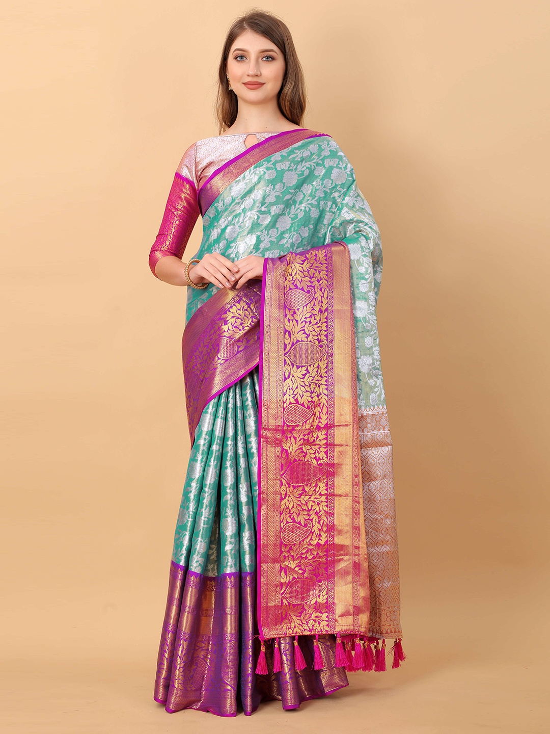 

ZIBLON Floral Woven Design Art Silk Kanjeevaram Saree, Blue