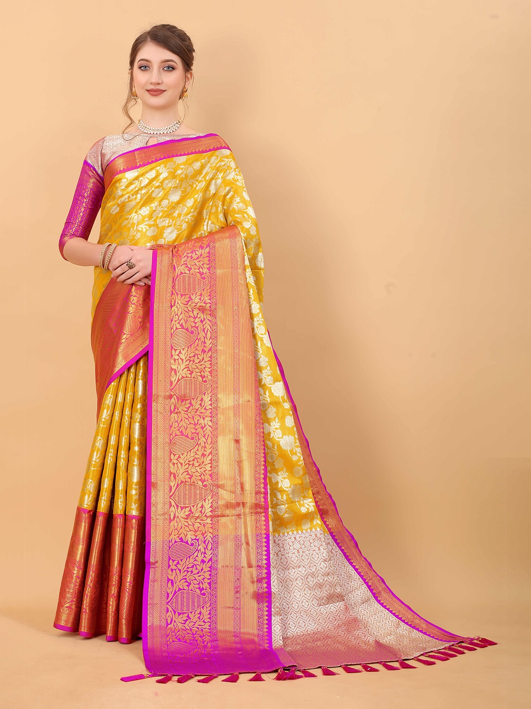 

ZIBLON Floral Woven Design Art Silk Kanjeevaram Saree, Yellow