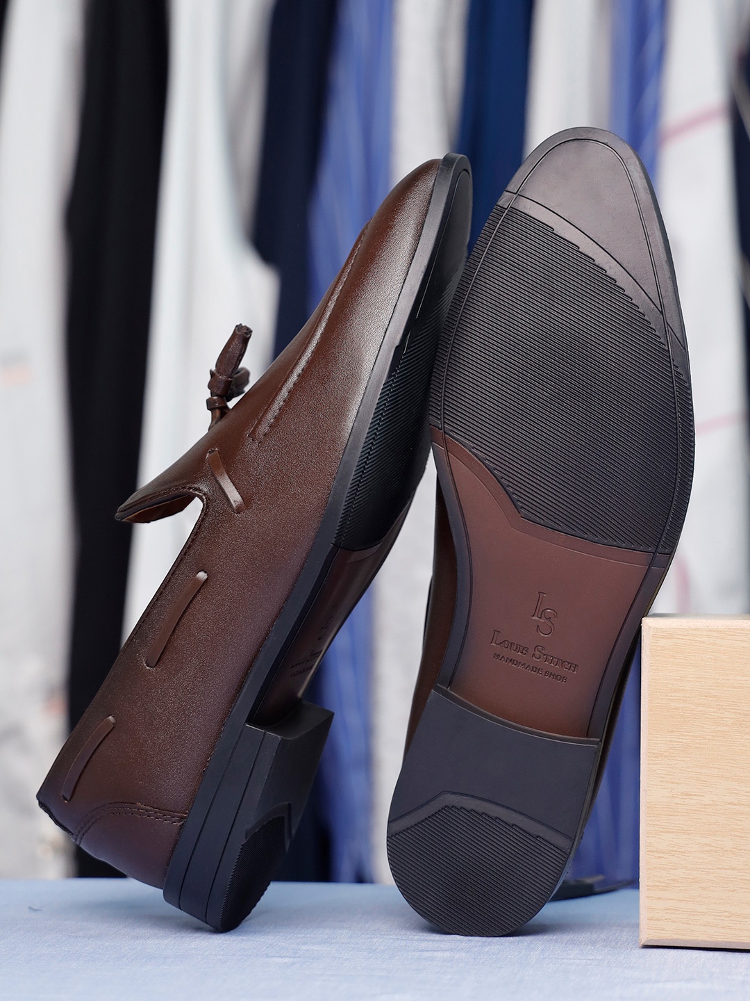 

LOUIS STITCH Men Brunette Brown Formal Slip-On Tassel Mocassin Shoes