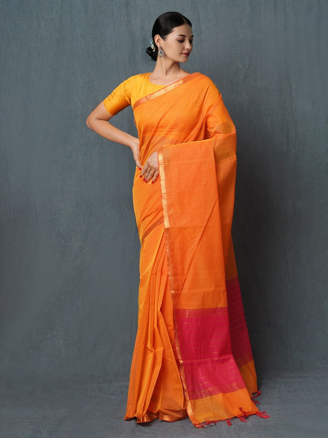 

Unnati Silks Pure Cotton Handloom Mangalagiri Saree, Orange