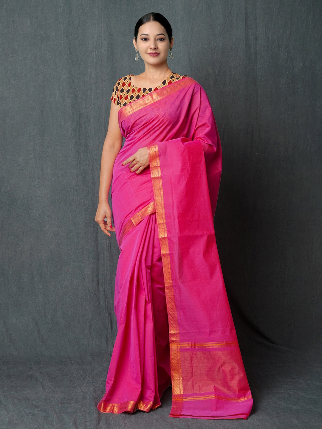 

Unnati Silks Pure Cotton Handloom Mangalagiri Saree, Pink