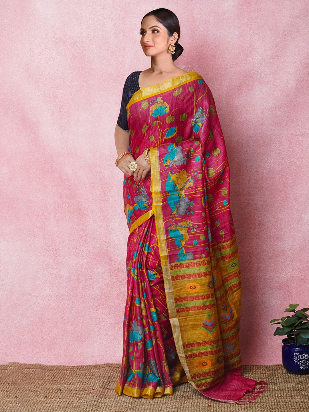 

Unnati Silks Floral Printed Zari Pure Silk Handloom Tussar Saree, Pink