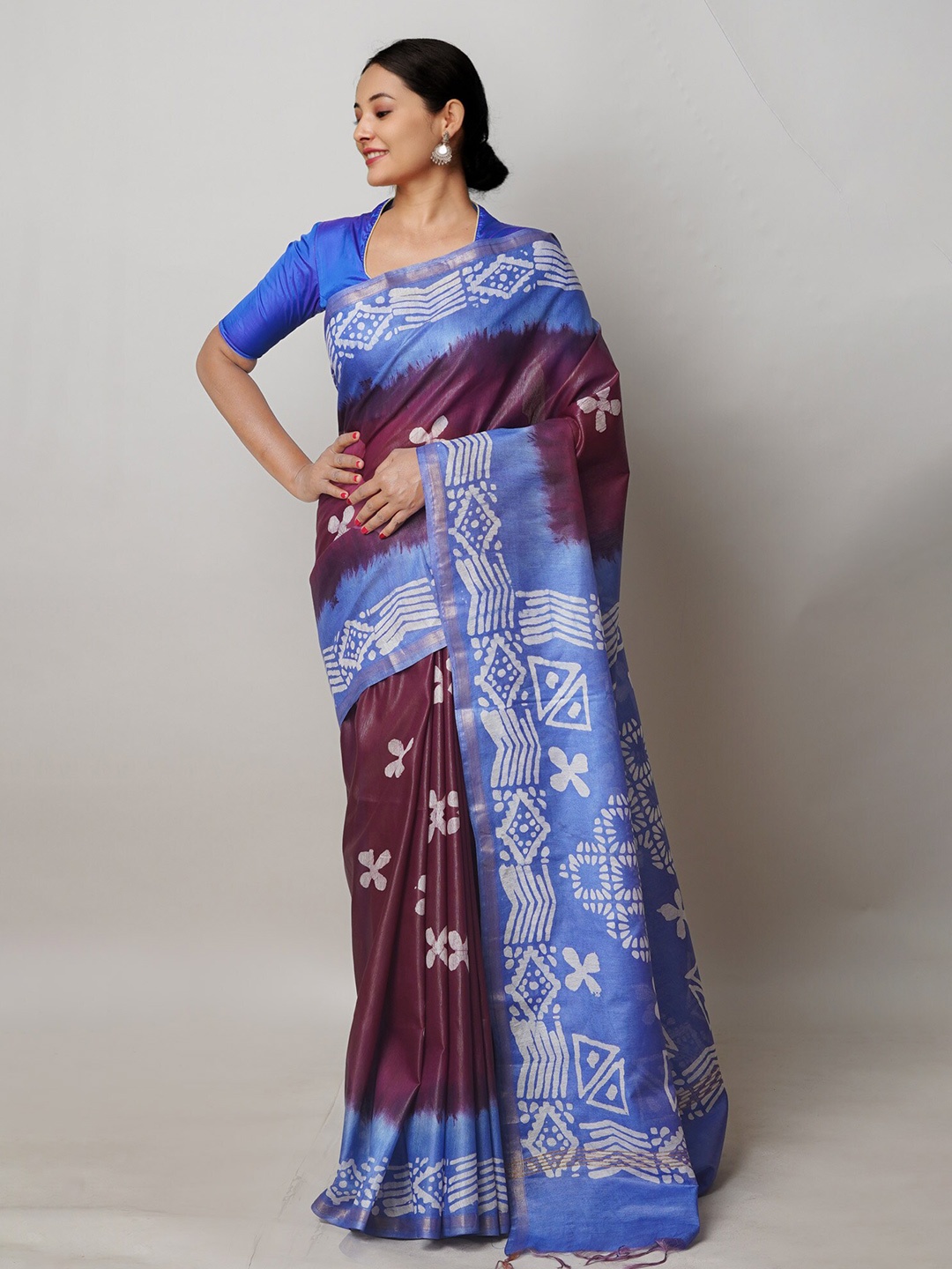 

Unnati Silks Batik Printed Silk Cotton Handloom Chanderi Saree, Purple