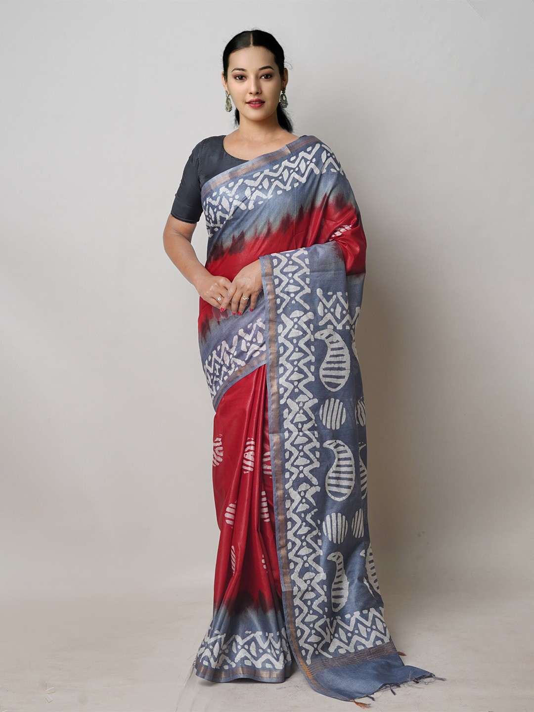 

Unnati Silks Batik Printed Silk Cotton Chanderi Saree, Red