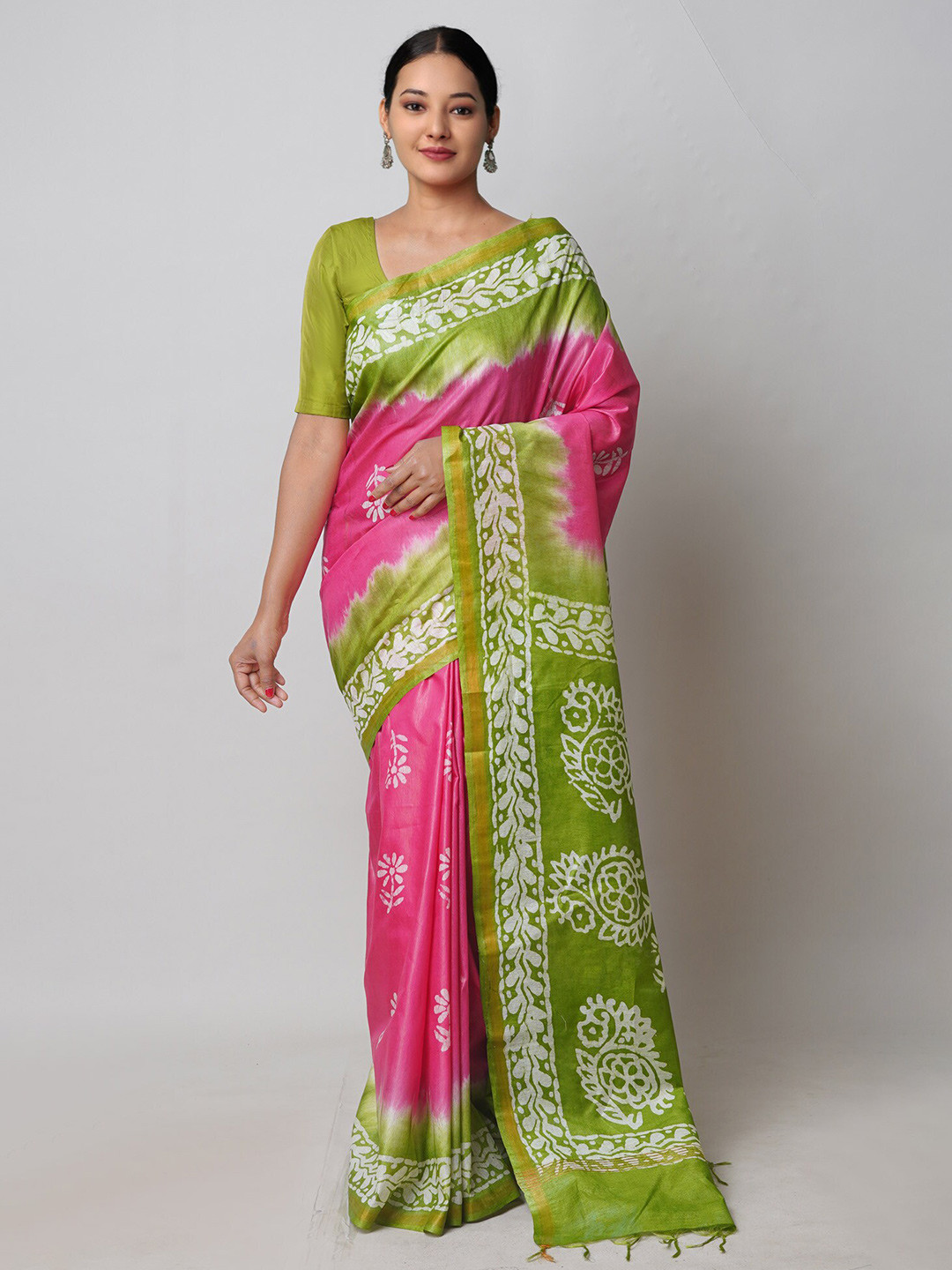 

Unnati Silks Batik Printed Zari Silk Cotton Chanderi Saree, Pink