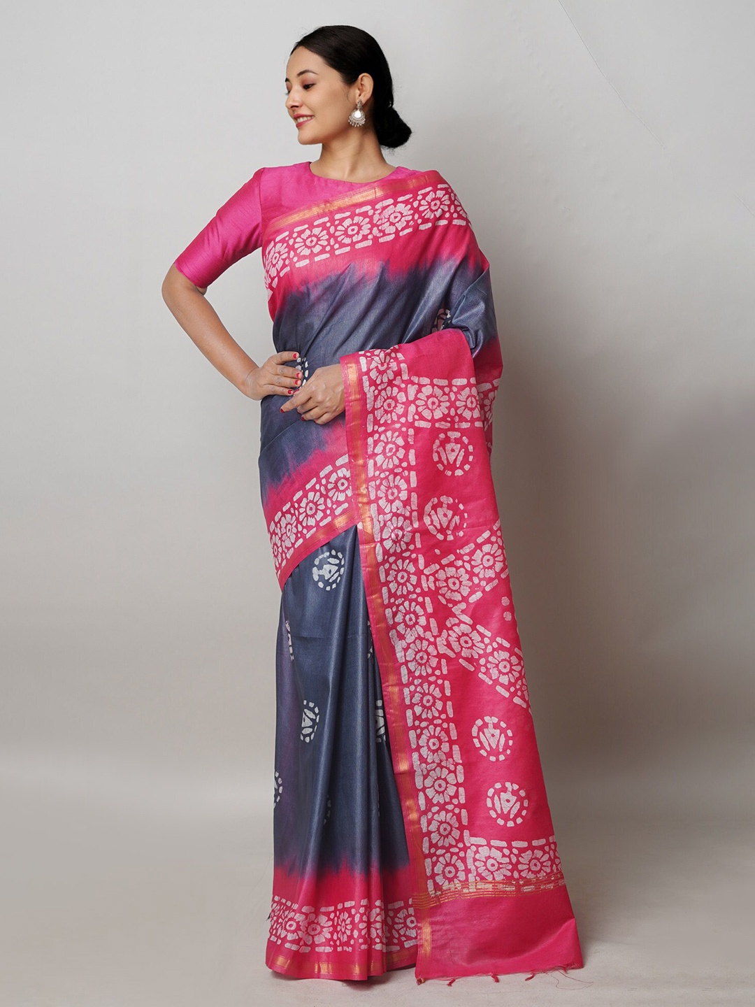 

Unnati Silks Batik Printed Zari Silk Cotton Chanderi Saree, Grey