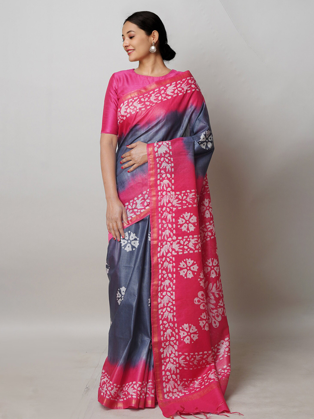 

Unnati Silks Batik Printed Zari Silk Cotton Chanderi Saree, Grey