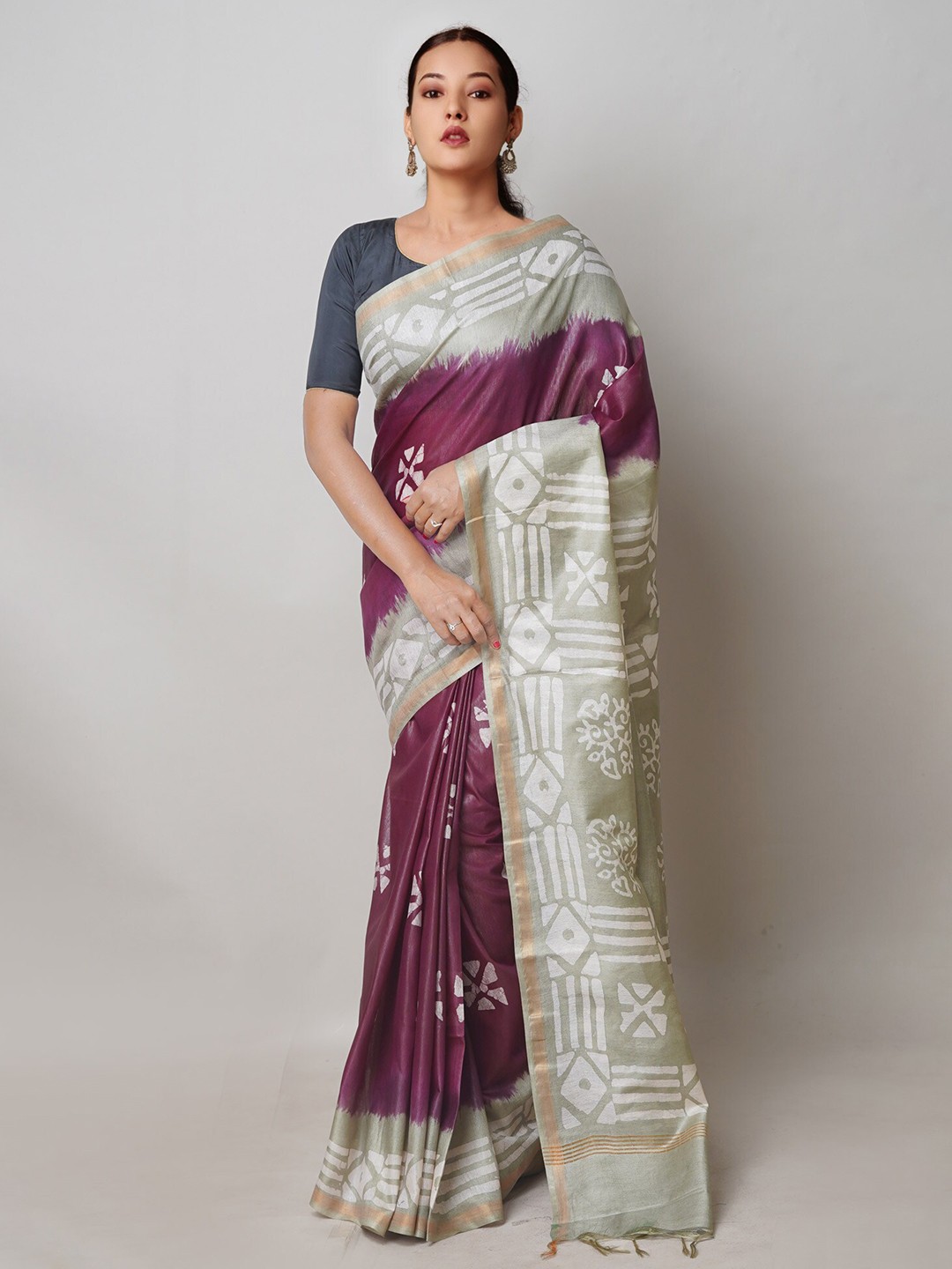 

Unnati Silks Batik Printed Silk Cotton Chanderi Saree, Purple