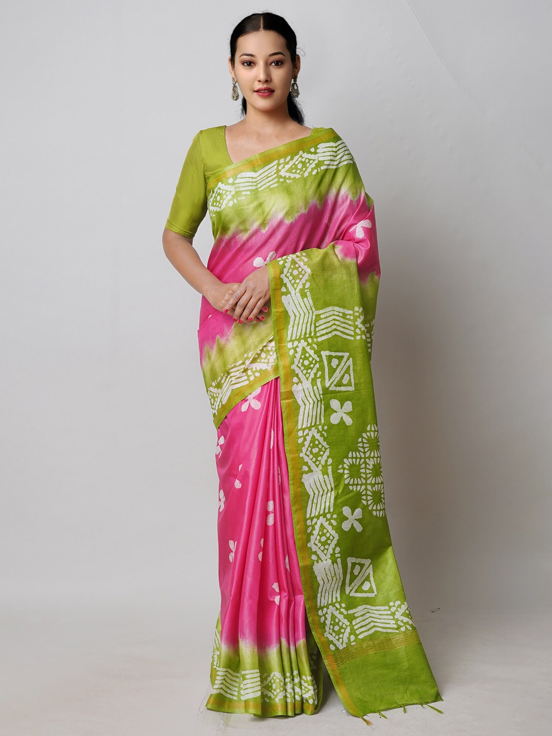 

Unnati Silks Batik Printed Silk Cotton Chanderi Saree, Pink