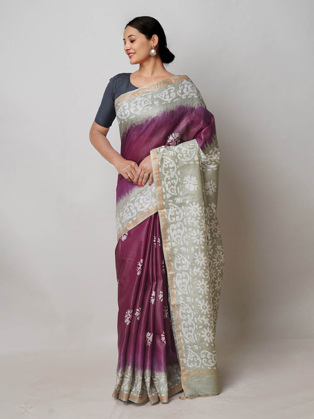 

Unnati Silks Batik Printed Silk Cotton Chanderi Saree, Purple