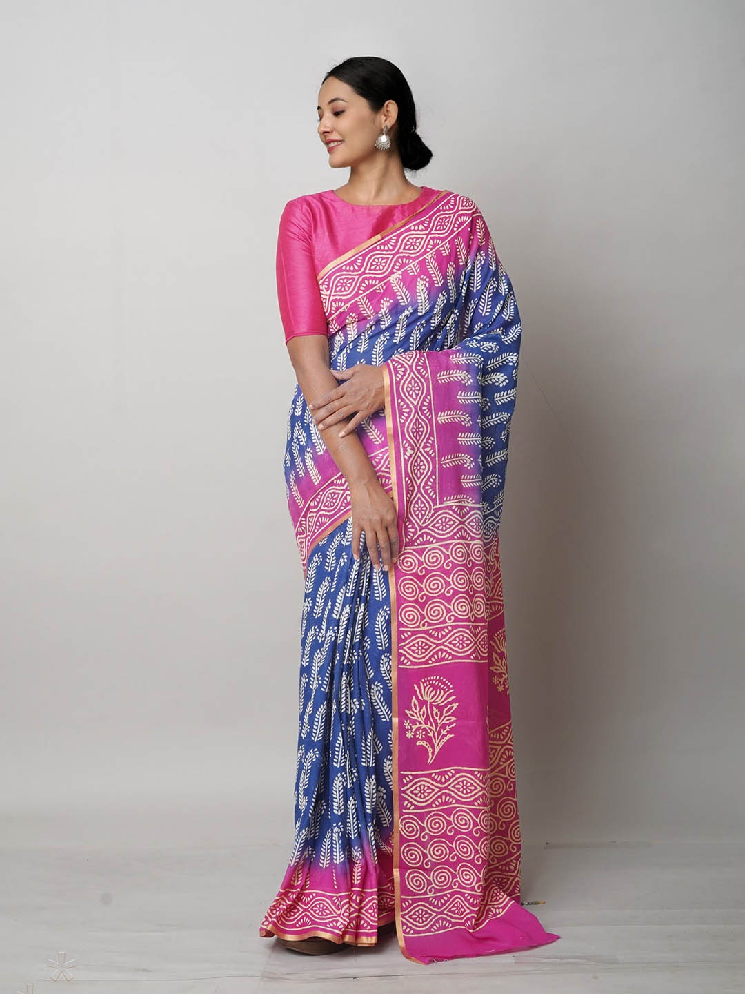 

Unnati Silks Ethnic Motifs Printed Pure Cotton Block Print Saree, Blue