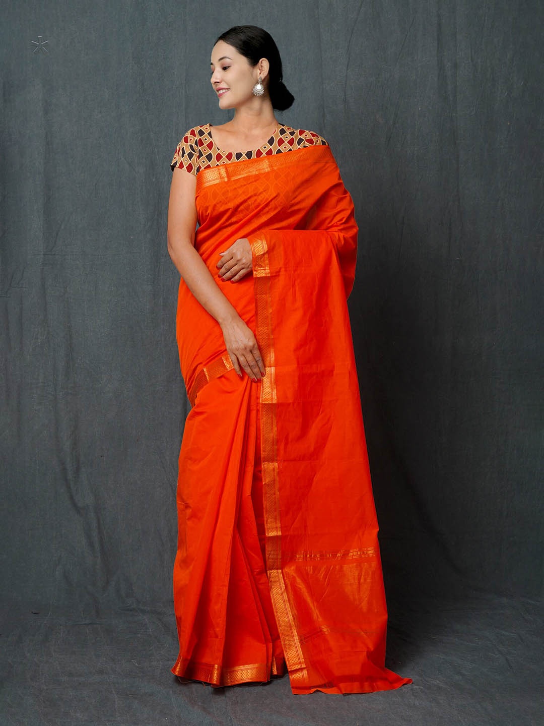 

Unnati Silks Zari Detailed Pure Cotton Handloom Mangalagiri Saree, Orange