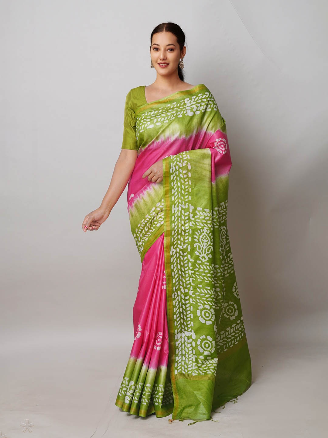 

Unnati Silks Batik Printed Zari Silk Cotton Handloom Chanderi Saree, Pink