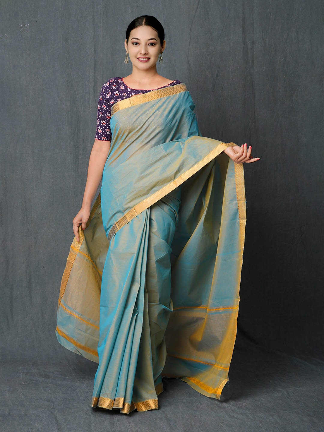 

Unnati Silks Zari Detailed Pure Cotton Handloom Mangalagiri Saree, Blue