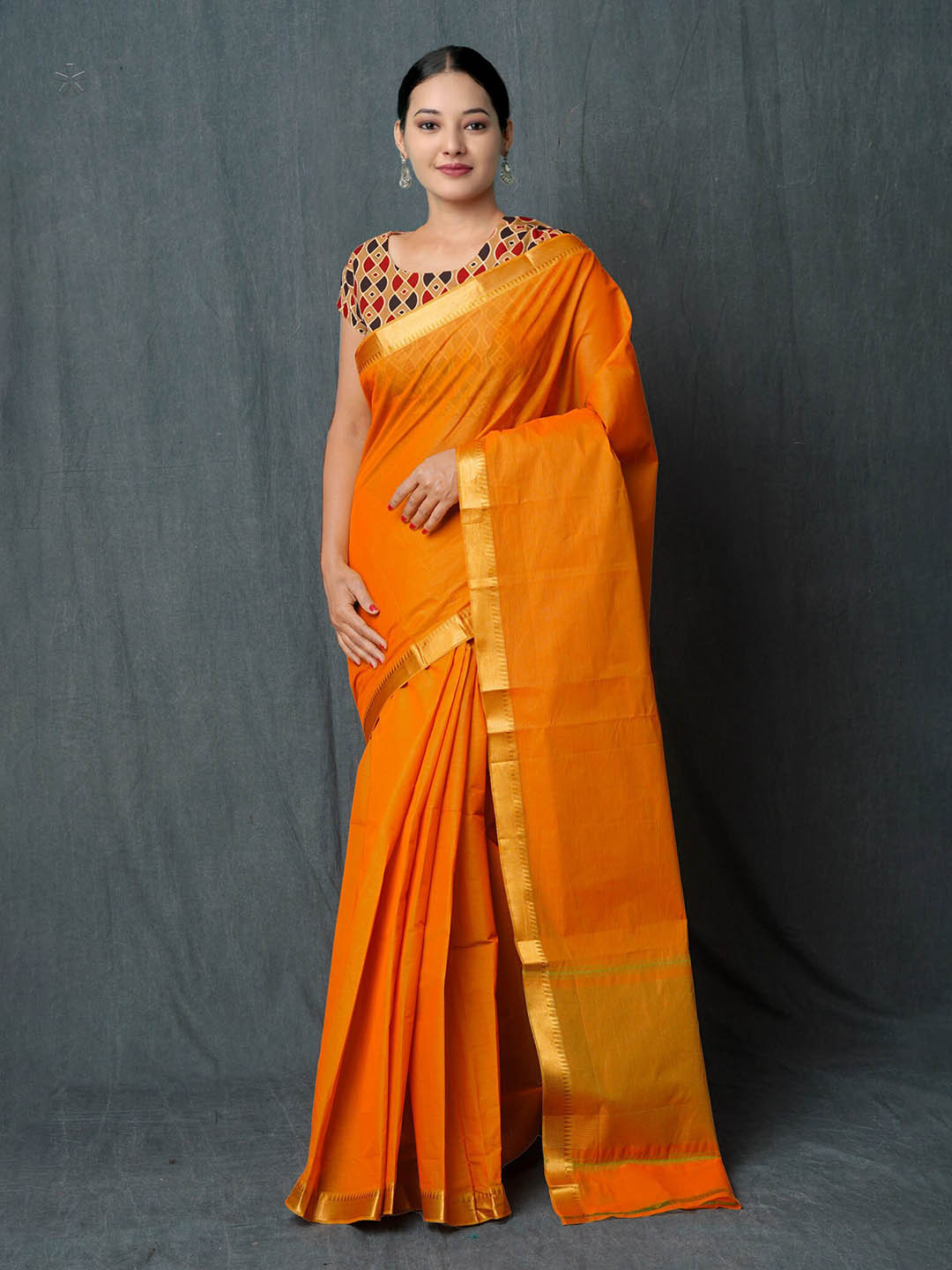 

Unnati Silks Zari Detailed Pure Cotton Handloom Mangalagiri Saree, Orange