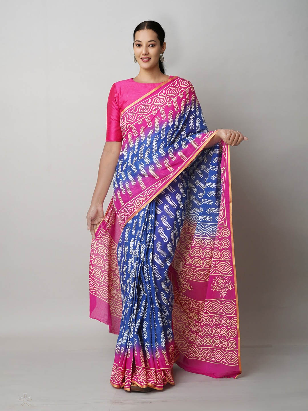 

Unnati Silks Ethnic Motifs Printed Pure Cotton Block Print Saree, Blue