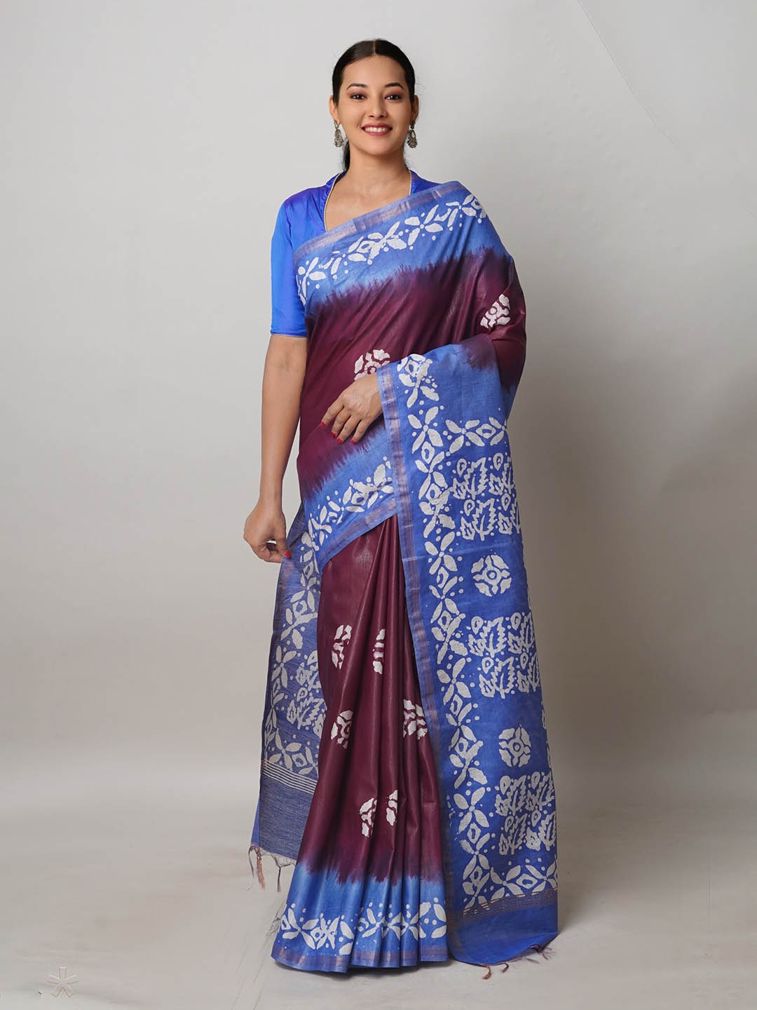 

Unnati Silks Batik Printed Silk Cotton Handloom Chanderi Saree, Purple