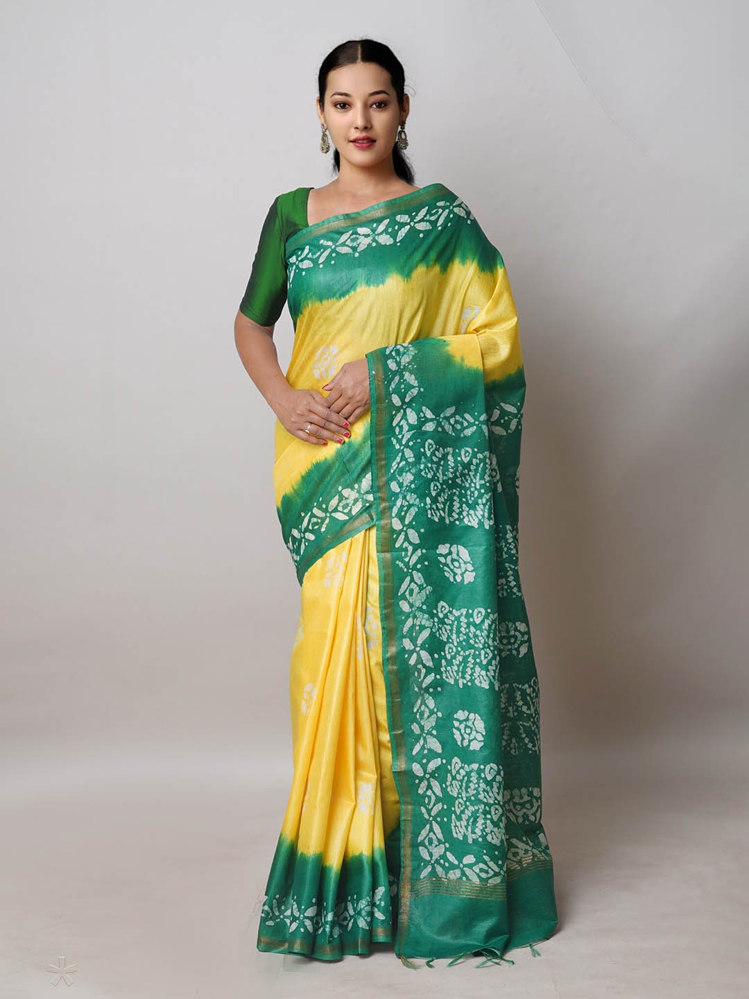 

Unnati Silks Batik Printed Silk Cotton Handloom Chanderi Saree, Yellow