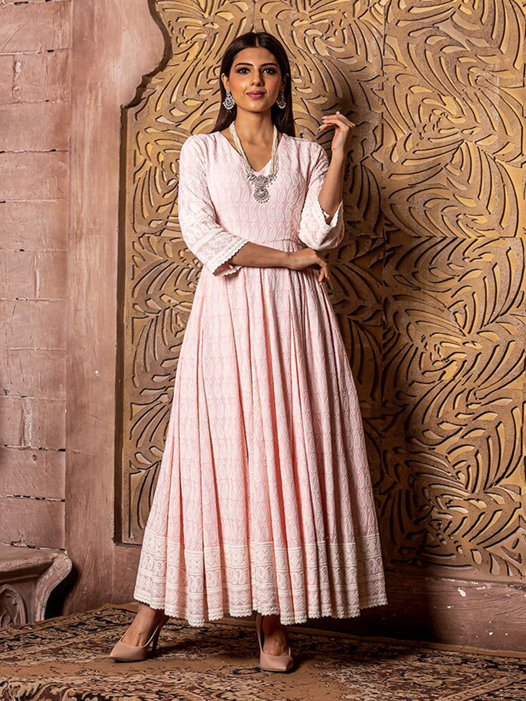

Monk & Mei Ethnic Motifs Embroidered Maxi Ethnic Dress, Pink