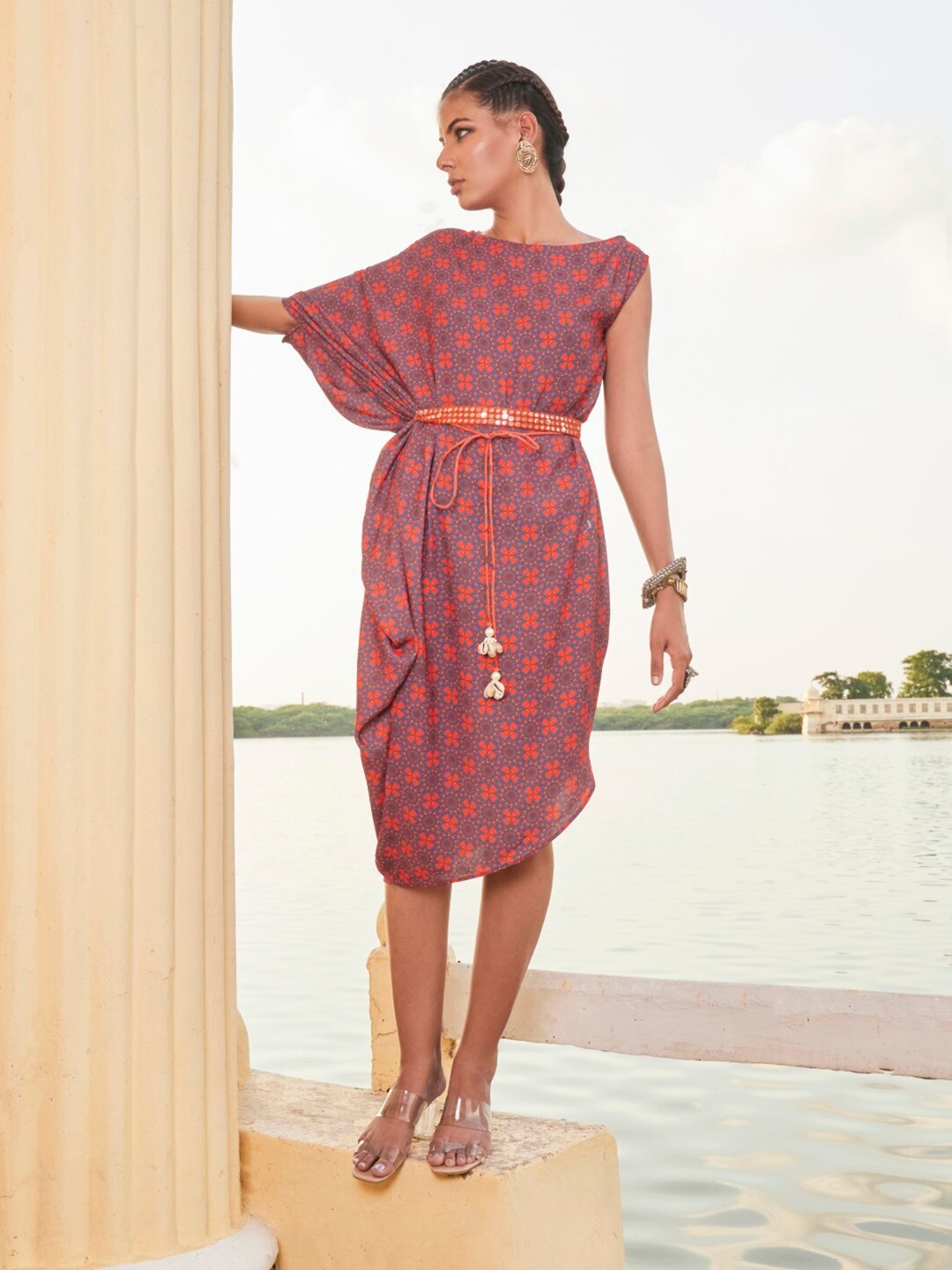 

Monk & Mei Floral Printed Kimono Sleeve Belted Crepe Kaftan Dress, Rust