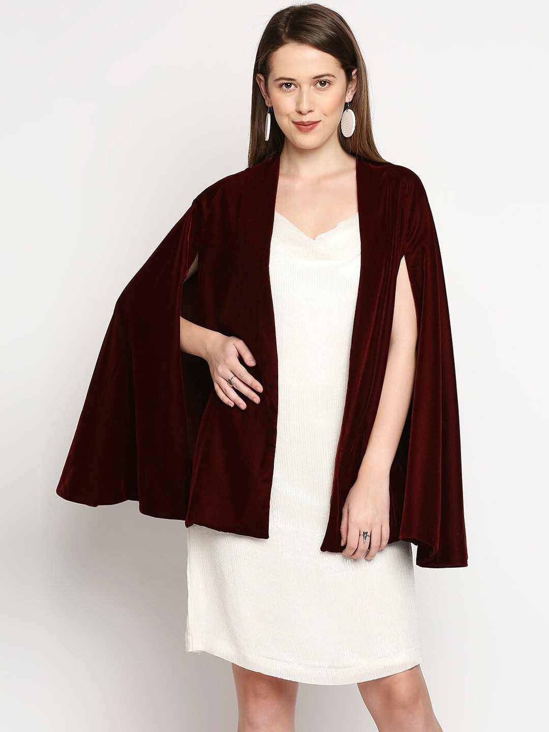 

Monk & Mei Sequinned Embellished Cowl Neck A-Line Dress With Cape, Maroon