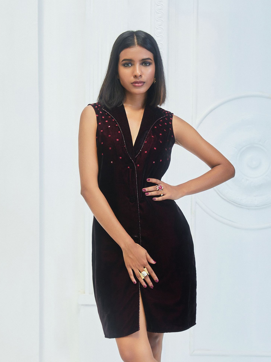 

Monk & Mei Sera Embroidered Velvet Blazer Dress, Maroon