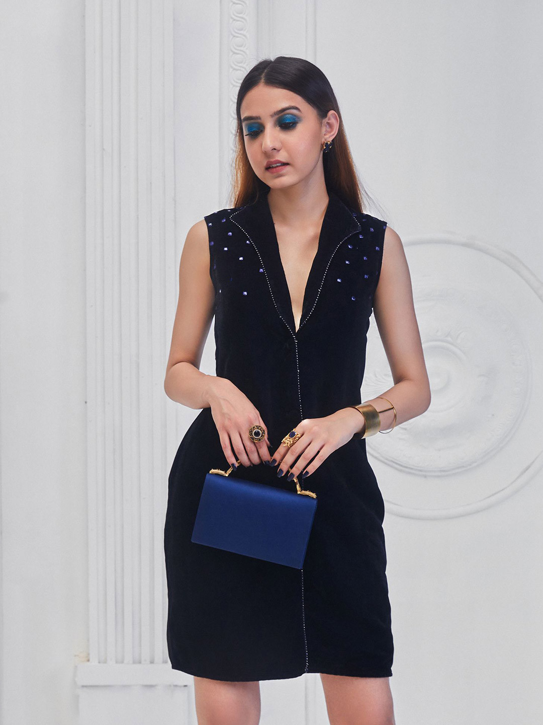

Monk & Mei Embellished Sleeveless Velvet Sheath Dress, Navy blue