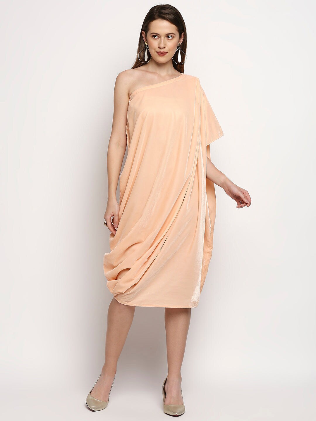 

Monk & Mei One Shoulder Flared Sleeve Belted Velvet Sheath Dress, Peach