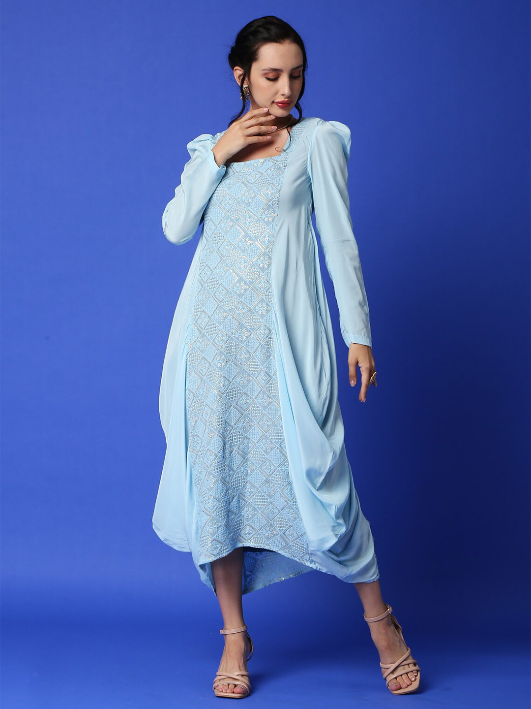 

Monk & Mei Geometric Embroidered Sequined Square Neck Puff Sleeves A-Line Dress, Blue