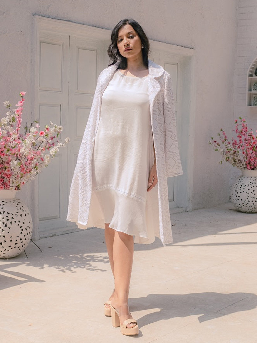 

Monk & Mei Heer Chikankari Georgette A-Line Dress & Jacket, White