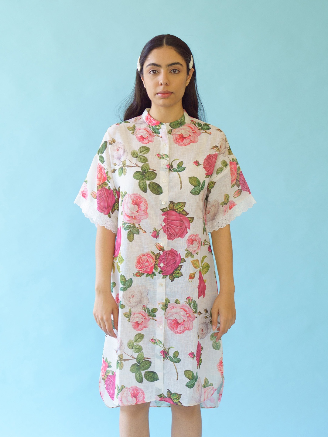 

Monk & Mei Floral Printed Mandarin Collar Flared Sleeves Linen A-Line Dress, White