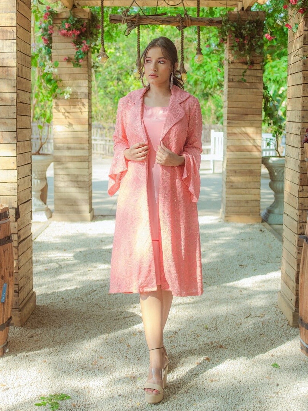 

Monk & Mei Round Neck A-Line Dress With Jacket, Peach