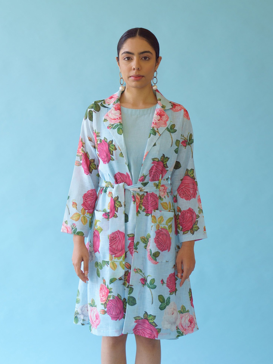 

Monk & Mei Floral Printed Linen Formal A-Line Dress, Blue
