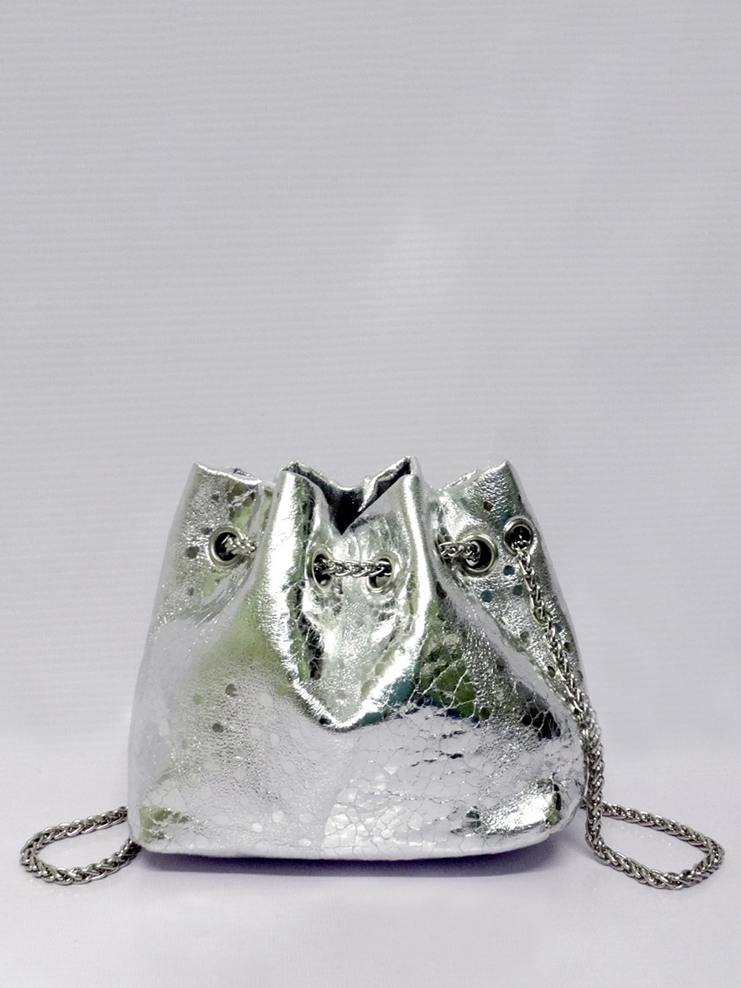 

CHRONICLE Textured Bucket Sling Bag, Silver