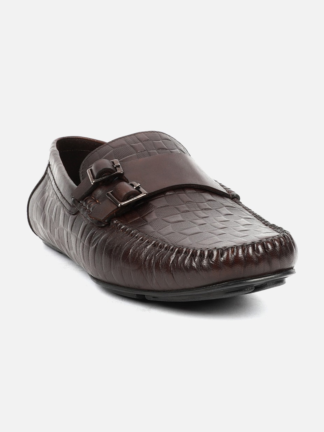 

Carlton London Men Double Buckle Strap Textured Leather Driving Shoes, Brown