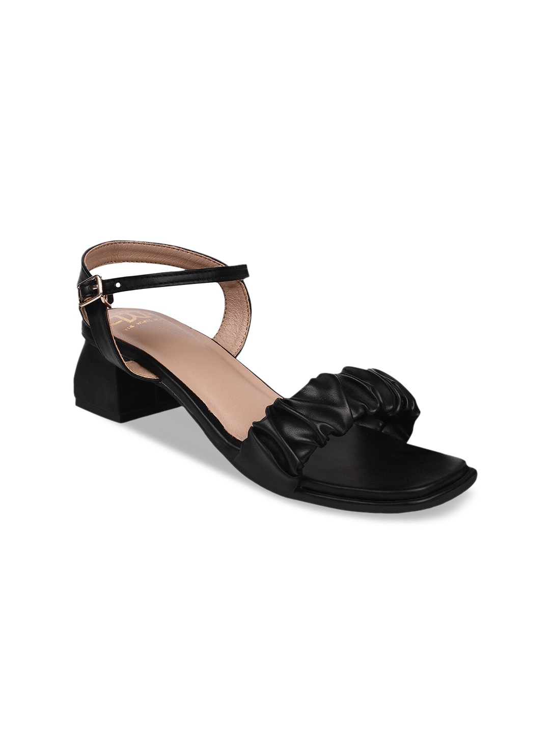 

THE WHITE POLE Ruched Open Toe Party Block Heels With Buckle Closure, Black
